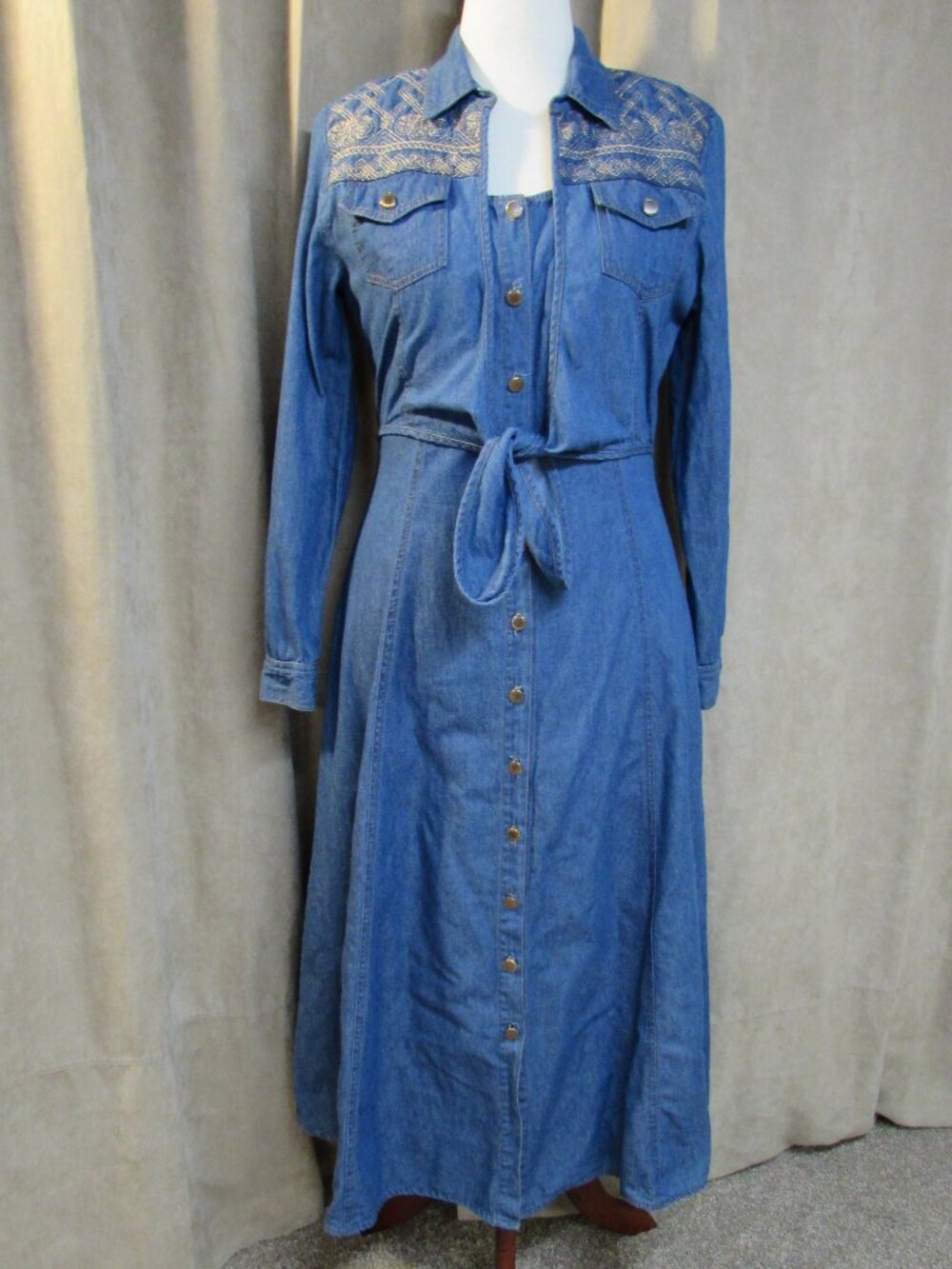 Vintage d. Frank Denim Western Shirt Dress Embroidered Attached Tie Top Size 8